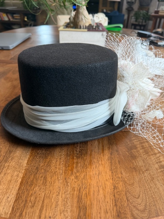 Black Felt Top Hat With White Toole Band, Silk Flowers, Feathers and Netting